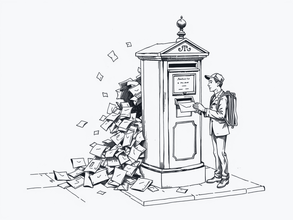 A postman cheerfully posting a letter into the front of a pillar box while a cascade of mail spills out of a crack in its side onto the pavement behind him. He is not looking.