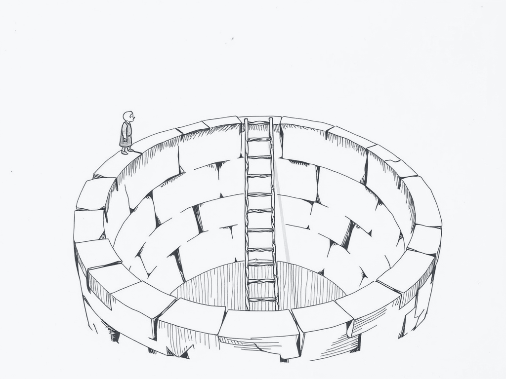 A small figure leaning over the rim of a deep round stone well, with a very long ladder descending into it.