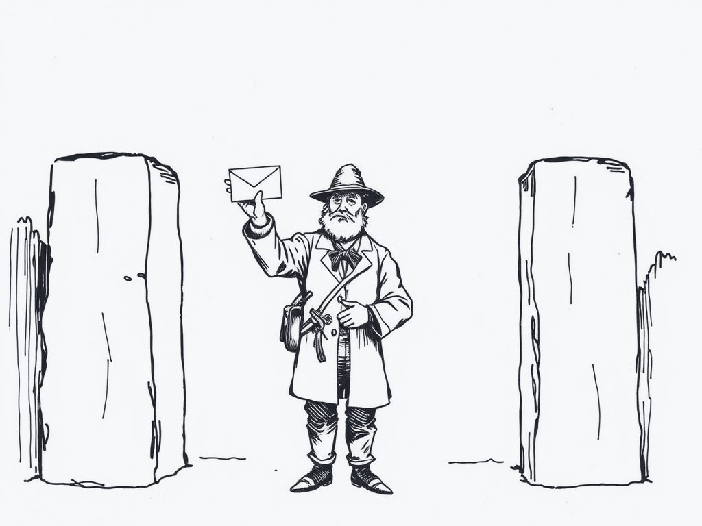 A tollkeeper standing between two plain stone posts, holding a single small envelope up to the light and squinting at it.