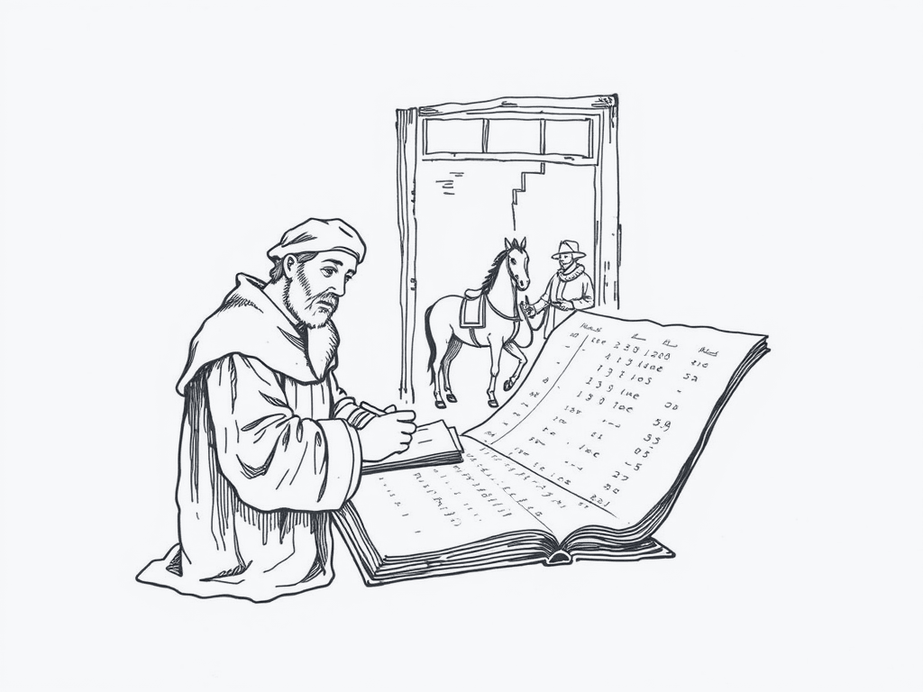 A monk writing in a huge open ledger. Through the archway behind him a messenger waits with a horse, not yet permitted to leave.