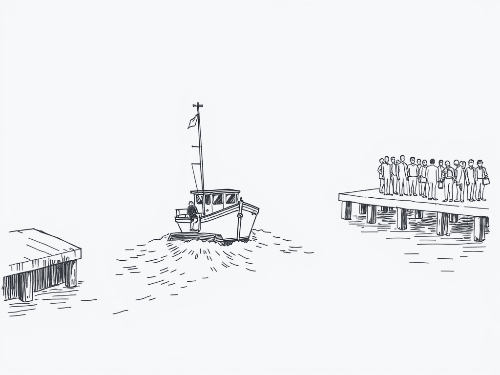 A small ferry pulling away from a jetty with one passenger aboard, while a crowd still waits on the jetty watching it go.