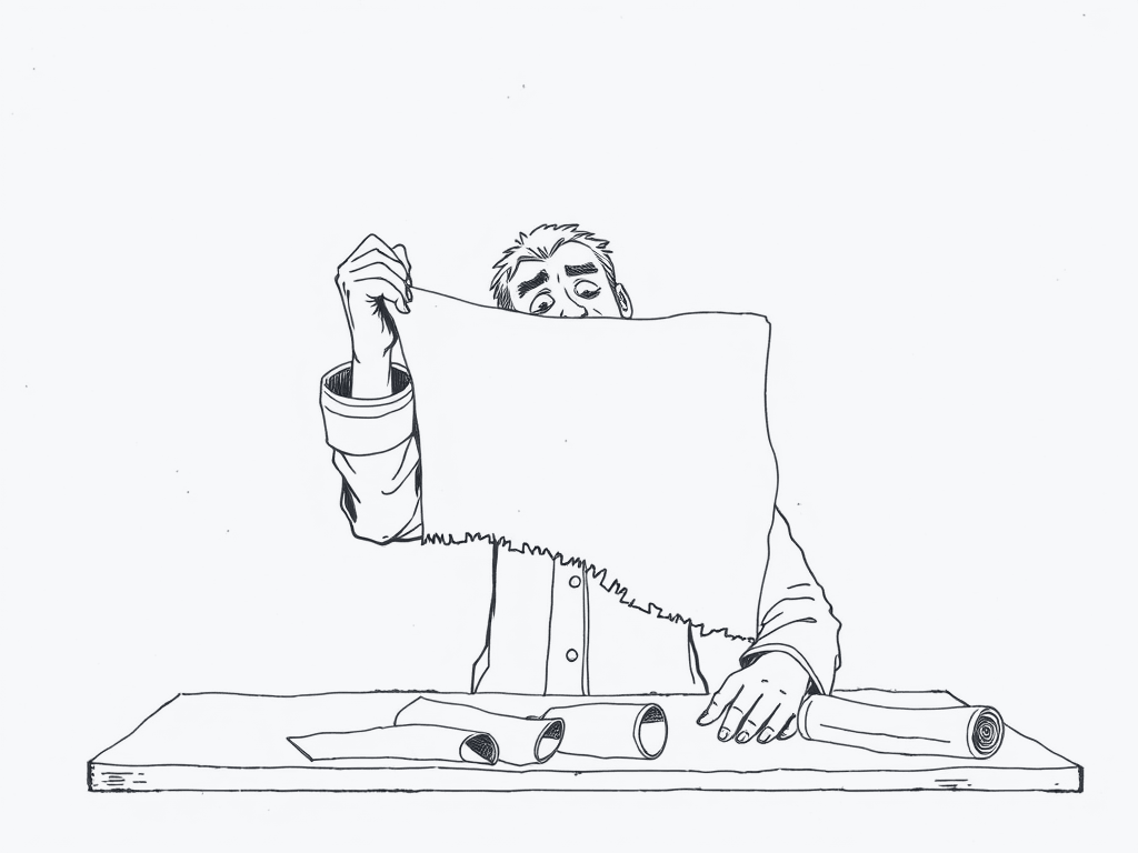 A puzzled scribe holding up a scroll that ends halfway down in a ragged torn edge, peering over the top of it.