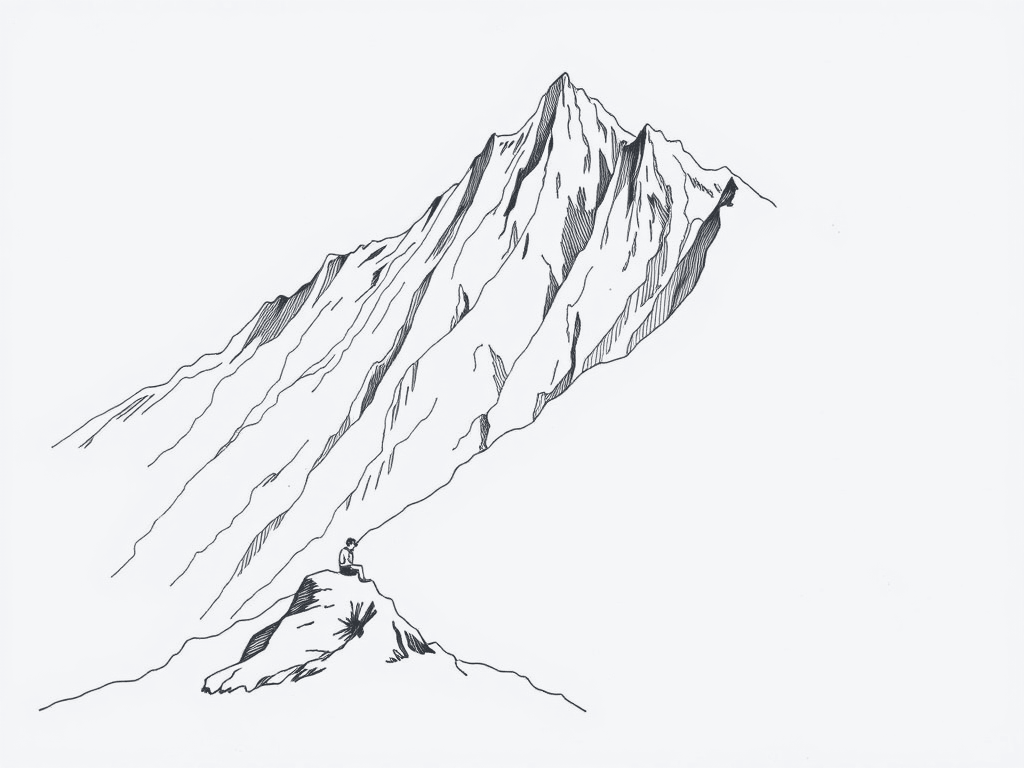 An enormous mountain ridge sweeping up and away, with one tiny figure sitting idle on a rock at the very bottom of the slope.