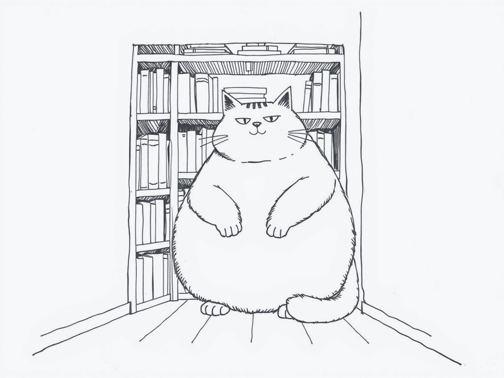 An enormously fat and rather smug cat filling an entire small room, bookshelves pressed against the walls behind it.