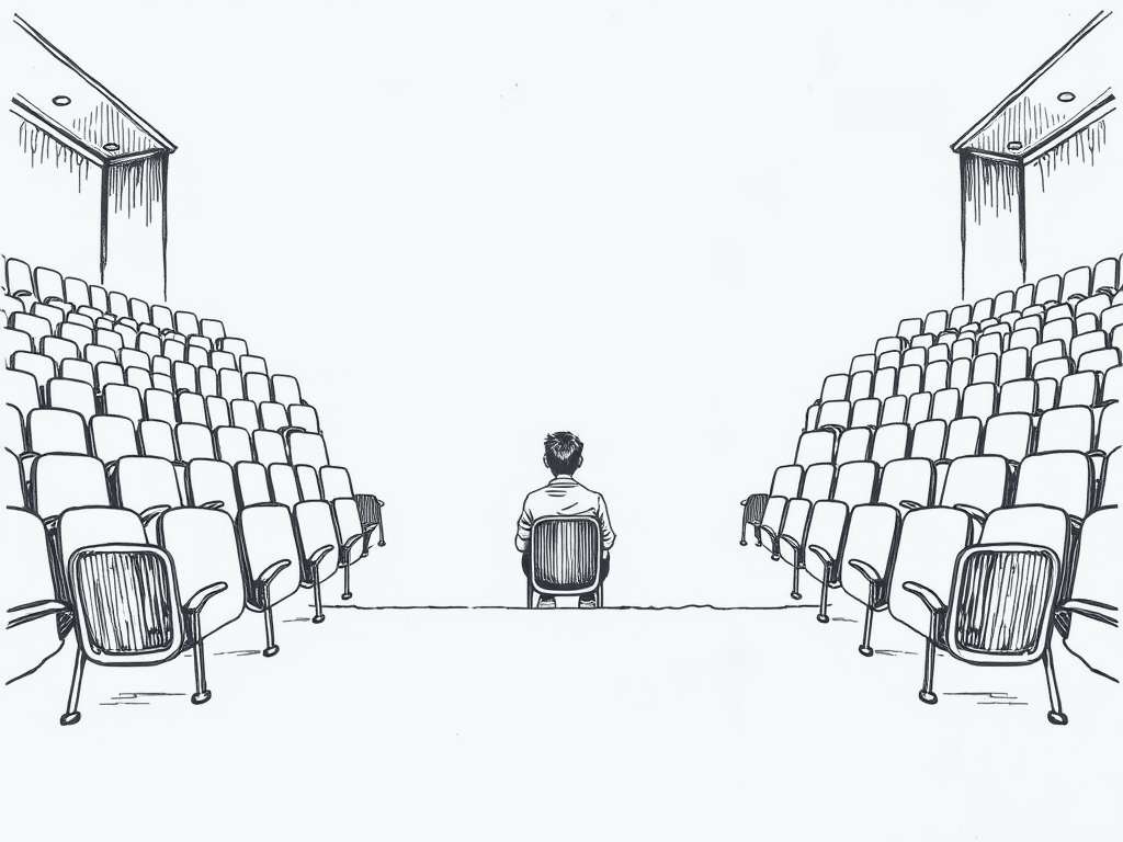 One person sitting alone in a vast auditorium, rows of empty seats sweeping away on both sides.