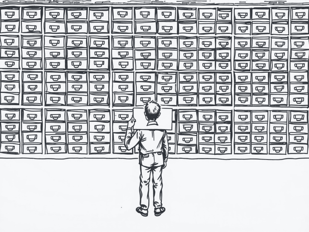 A librarian standing before an enormous wall of card catalogue drawers, holding a single card.