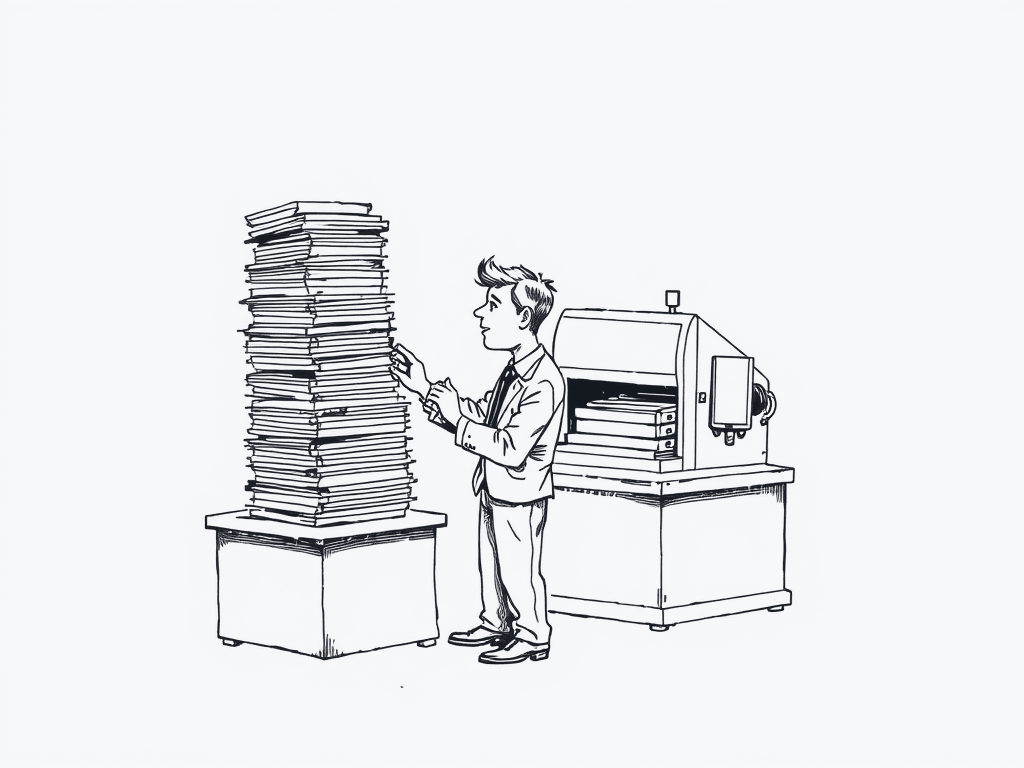 A clerk stamping a towering stack of forms one at a time, while a large machine stands idle beside him.