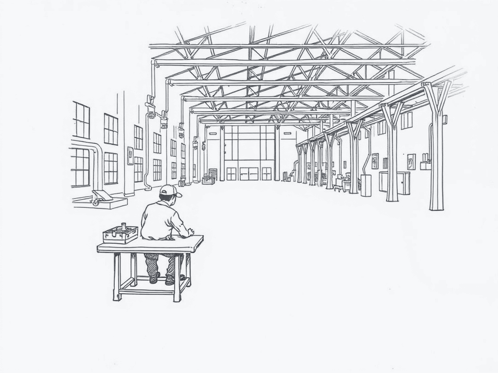 One worker at a single bench, with a vast and otherwise empty factory hall stretching away behind him.